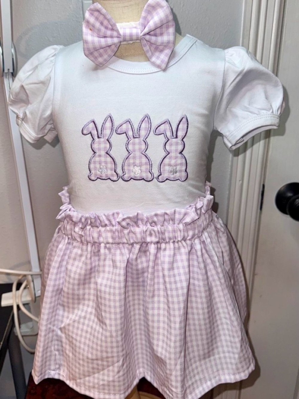White & Lilac Bunny Appliqué Girls Dress with Bow